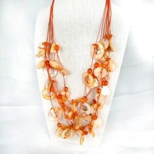 Boho 9-Strand Orange Shell Necklace Mother of Pearl Abalone Discs 22" Long